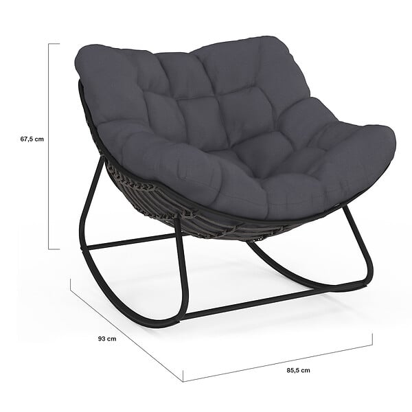 ID MARKET - Fauteuil de jardin à bascule LOA effet rotin gris avec coussin gris - large