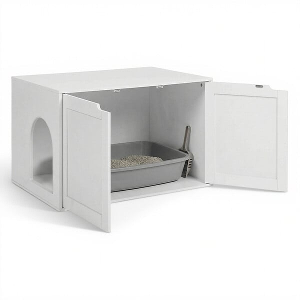 ID MARKET - Maison de toilette chat cache-litière avec doubles portes blanc - large