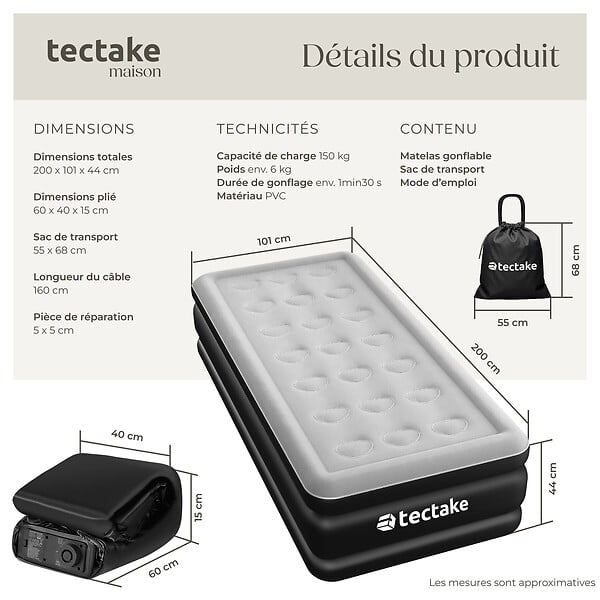 TECTAKE - Matelas gonflable AirDreams avec pompe électrique noir/blanc - large