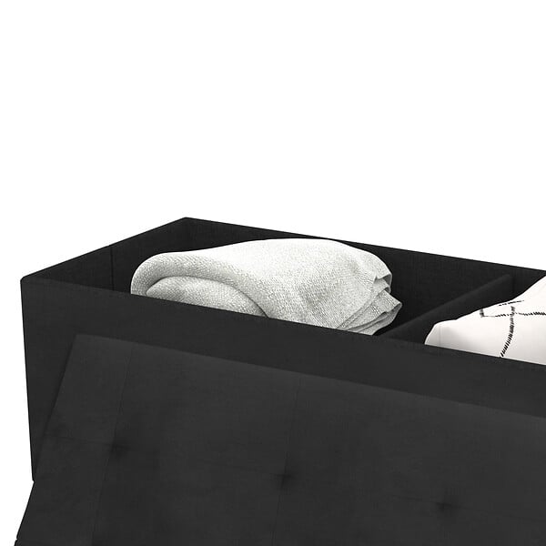 ID MARKET - Banc coffre rangement LOUIS pieds métal doré 100 cm velours noir - large