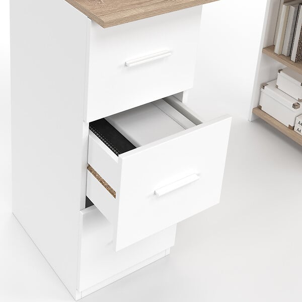 ID MARKET - Bureau droit MAE 3 tiroirs avec étagères de rangement blanc et bois - large