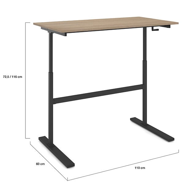 ID MARKET - Bureau droit JEANNE assis debout à manivelle hauteur réglable 70 - 120 cm bois façon hêtre et noir - large