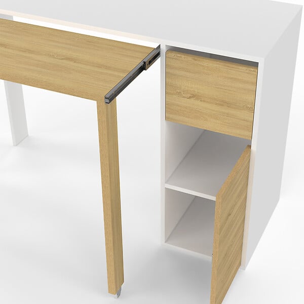 ID MARKET - Bureau extensible RON avec colonne de rangement tiroir et placard blanc et bois - large