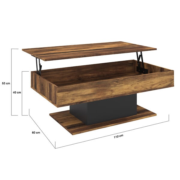 ID MARKET - Table basse plateau relevable rectangulaire EDEN bois foncé effet vieilli et noir - large