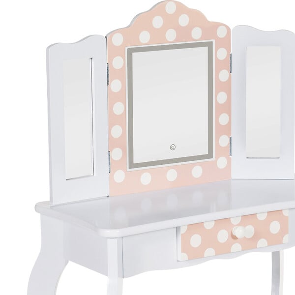 ID MARKET - Coiffeuse enfant ROZA LED blanche et rose avec 3 miroirs et tabouret - large