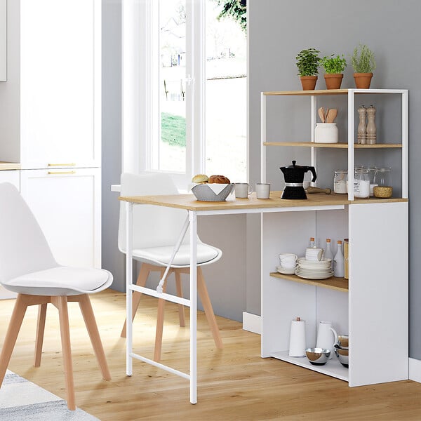 ID MARKET - Bureau bibliothèque pliable RAY plateau rabattable bois façon hêtre et blanc - large