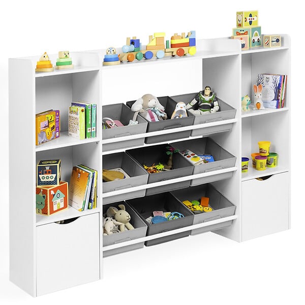 ID MARKET - Meuble de rangement enfant MANA 7 étagères, 9 bacs en tissu et 2 cubes sur roulettes blanc - large