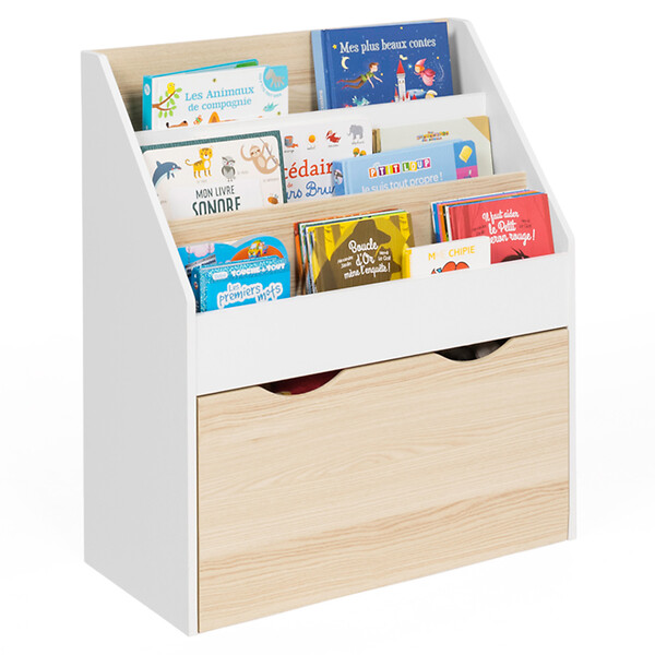 ID MARKET - Meuble de rangement bibliothèque enfant MANA 3 étagères et 1 bac sur roulettes blanc et hêtre - large