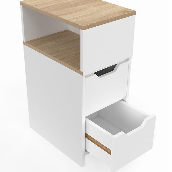 ID MARKET - Lot de 2 tables de chevet étroites ANOUK 2 tiroirs avec niche latérale réversible blanc et bois - large