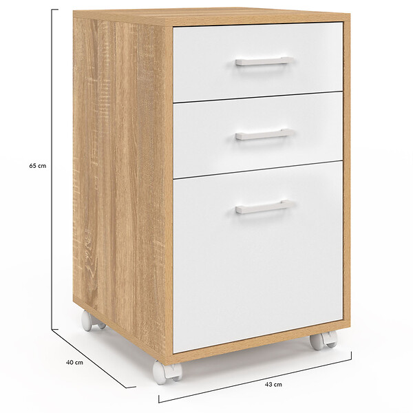 ID MARKET - Caisson de bureau JON support imprimante 3 tiroirs blanc et bois - large