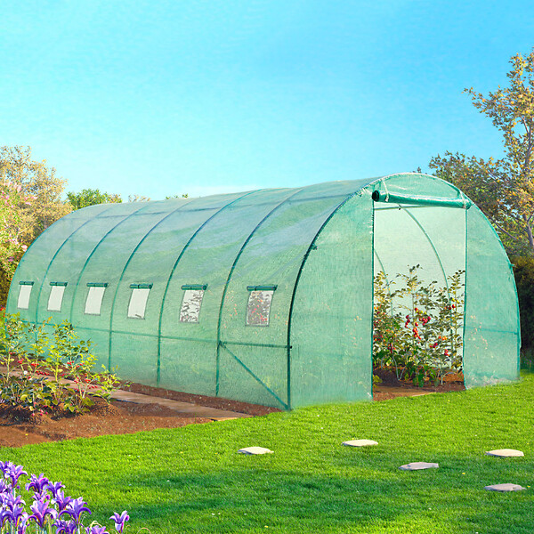 ID MARKET - Serre de jardin tunnel 18m² 6 x 3 x 2 m acier galvanisé + bâche anti-UV avec porte et fenêtres CRIMÉE verte toutes saisons - large