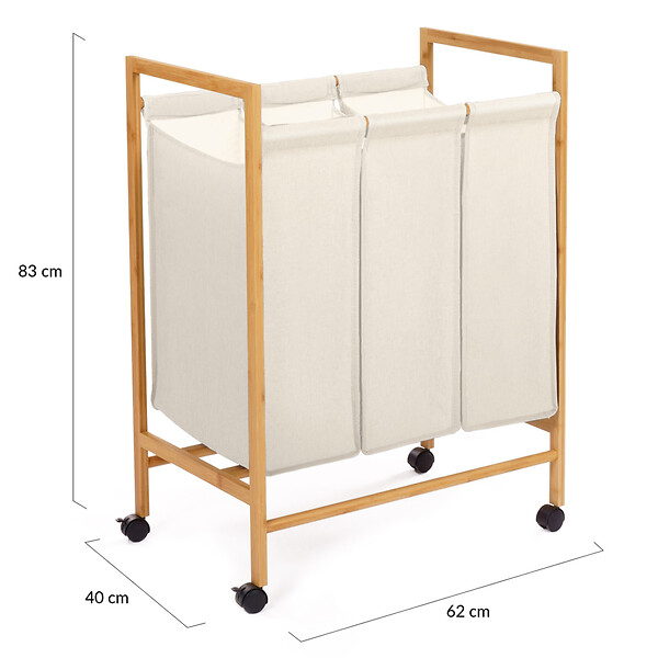ID MARKET - Panier à linge 3 compartiments bambou RITA tissu écru avec roulettes - large