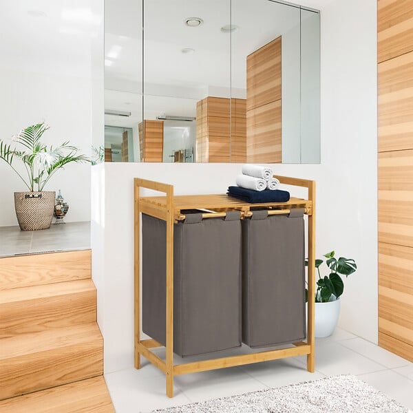 ID MARKET - Panier à linge 2 bacs bambou BEA tissu gris foncé - large