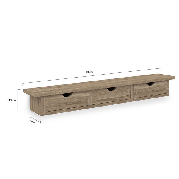 ID MARKET - Etagère murale console d'entrée LISE 3 tiroirs façon hêtre - large