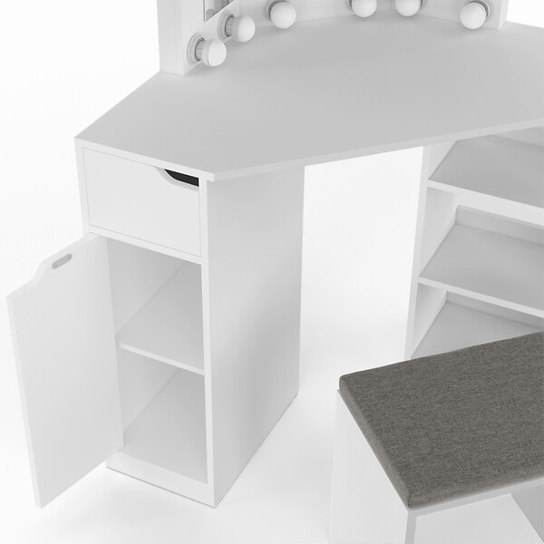 ID MARKET - Coiffeuse d'angle ZELIA blanche 3 miroirs LED, 3 étagères, 1 tiroir, 1 caisson de rangement et tabouret - large