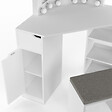 ID MARKET - Coiffeuse d'angle ZELIA blanche 3 miroirs LED, 3 étagères, 1 tiroir, 1 caisson de rangement et tabouret - vignette