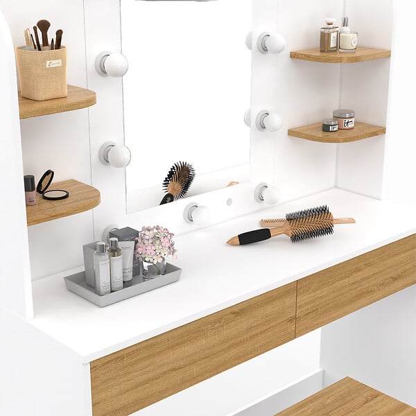ID MARKET - Coiffeuse ZELIA blanc et hêtre table de maquillage 4 étagères, miroir LED et tabouret - large