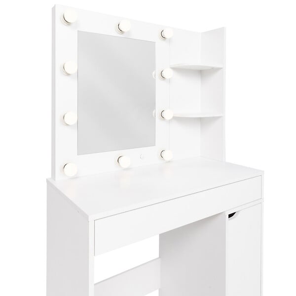 ID MARKET - Coiffeuse ZELIA miroir LED avec 1 tiroir, étagères, caisson de rangement et tabouret - large