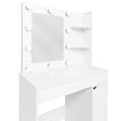 ID MARKET - Coiffeuse ZELIA miroir LED avec 1 tiroir, étagères, caisson de rangement et tabouret - vignette