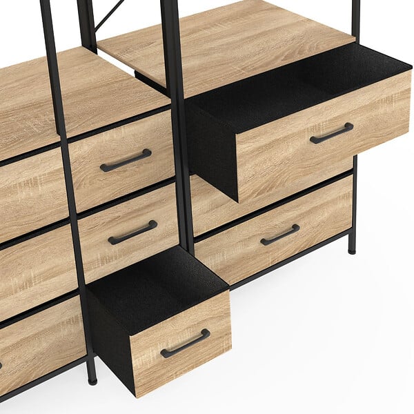 ID MARKET - Dressing penderie modulable L. 150 cm UTAH XXL avec 3 étagères et 9 bacs en tissu bois et noir - large