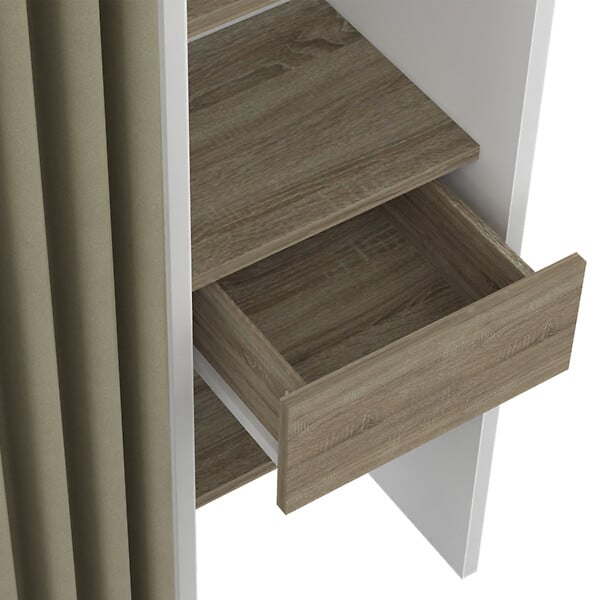 ID MARKET - Dressing extensible double MERYL 120/180 x 50 x 180 cm blanc avec étagères hêtre + double penderie + rideau taupe - large