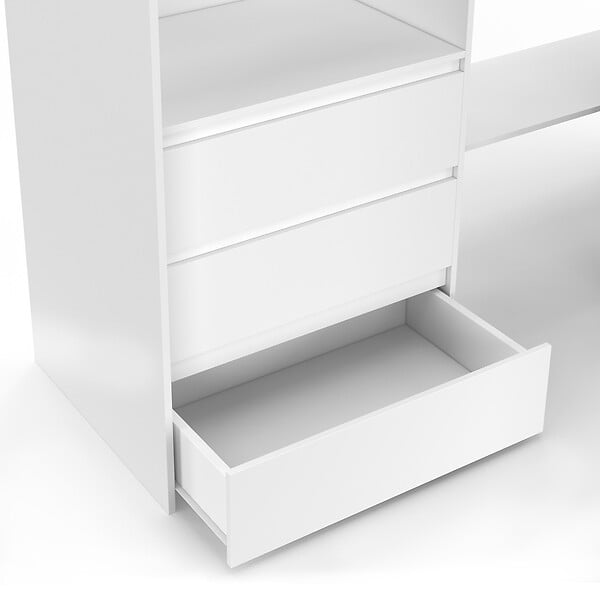ID MARKET - Dressing extensible d'angle MARLON 200 x 150 x 180 cm cm blanc avec penderies + tiroirs + étagères + rideaux gris - large