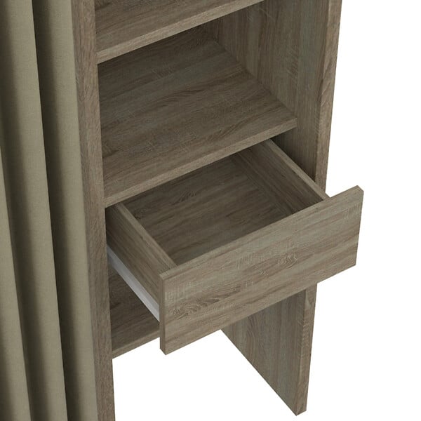 ID MARKET - Dressing extensible double MERYL 120/180 x 50 x 180 cm hêtre avec étagères + double penderie + rideau taupe - large