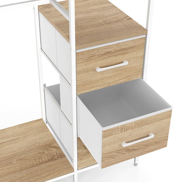 ID MARKET - Dressing double penderie + double colonne L. 140 cm UTAH avec 6 étagères et 6 bacs en tissu bois et blanc - large