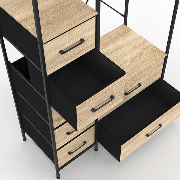 ID MARKET - Dressing penderie + colonne L. 90 cm UTAH avec 1 étagère et 7 bacs en tissu bois et noir - large