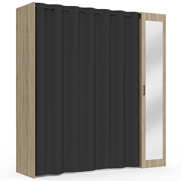 ID MARKET - Dressing extensible MERYL 145/170 x 50 x 180 cm hêtre avec étagères + double penderie + miroir + rideau noir - large