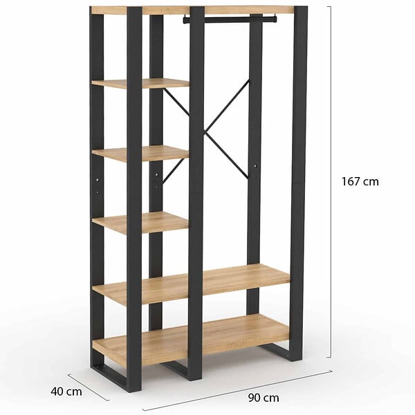 ID MARKET - Dressing penderie étagère ONYX bois et noir - large