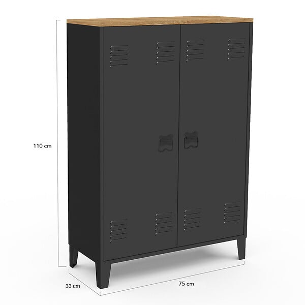 ID MARKET - Armoire basse ESTER 2 portes métal noir et plateau bois design industriel - large