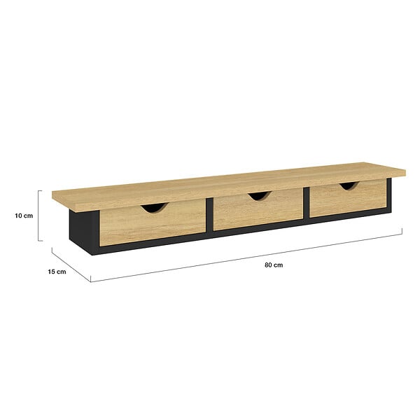 ID MARKET - Etagère murale console d'entrée LISE 3 tiroirs effet bois et noir - large