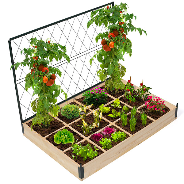 ID MARKET - Kit complet 3 bacs modulables carrés potager et serre à tomates + treillis + housse - large