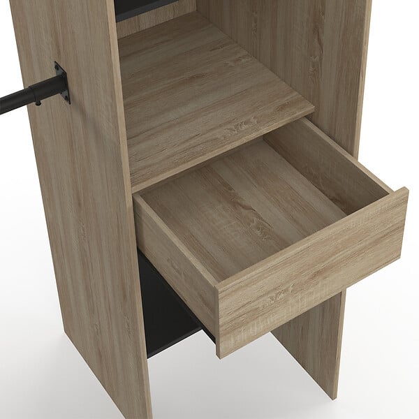 ID MARKET - Dressing extensible d'angle MARLON 230 x 140 x 180 cm hêtre avec penderies + étagères + rideaux noirs - large
