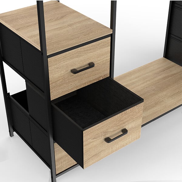 ID MARKET - Dressing double penderie + double colonne L. 140 cm UTAH avec 6 étagères et 6 bacs en tissu bois et noir - large