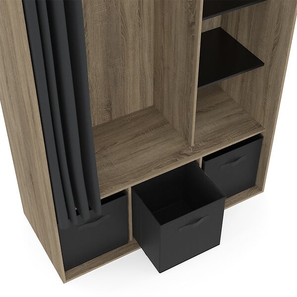 ID MARKET - Dressing penderie DIANE 105 x 45 x 167 cm hêtre avec étagères + boites de rangement + rideau noir - large