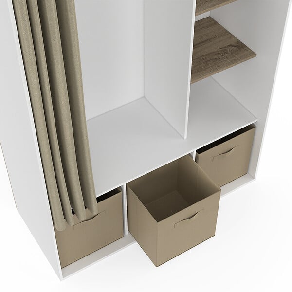 ID MARKET - Dressing penderie DIANE 105 x 45 x 167 cm blanc avec étagères + boites de rangement + rideau taupe - large