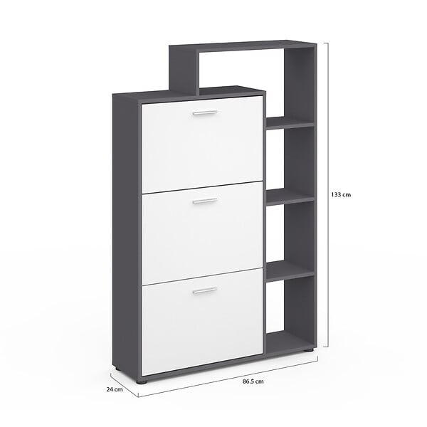 ID MARKET - Meuble à chaussures 18 paires KLARK gris 3 portes blanches avec étagère - large