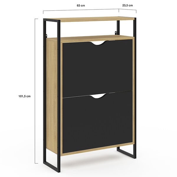 ID MARKET - Meuble à chaussures 12 paires BOSTON 2 portes noires avec étagère supérieure design industriel - large