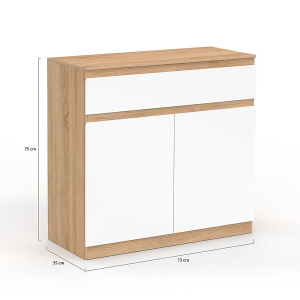 ID MARKET - Armoire à chaussures 12 paires TOMI 2 portes et 1 tiroir façon hêtre et blanc - large
