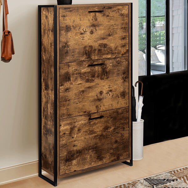 ID MARKET - Meuble à chaussures 18 paires DAYTON 3 portes effet vieilli design industriel - large