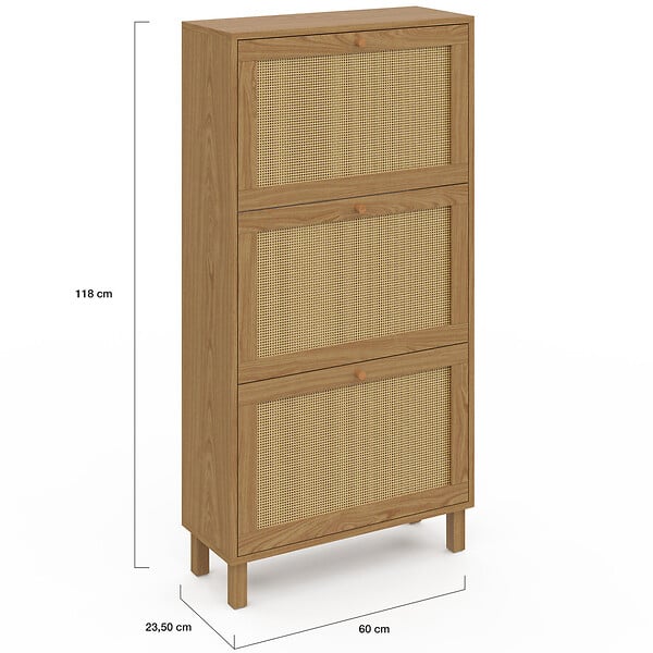 ID MARKET - Meuble à chaussures 18 paires HANAE 3 portes effet naturel cannage - large