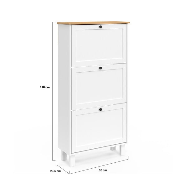 ID MARKET - Meuble à chaussures 18 paires ACHILLE 3 portes blanc et plateau bois - large