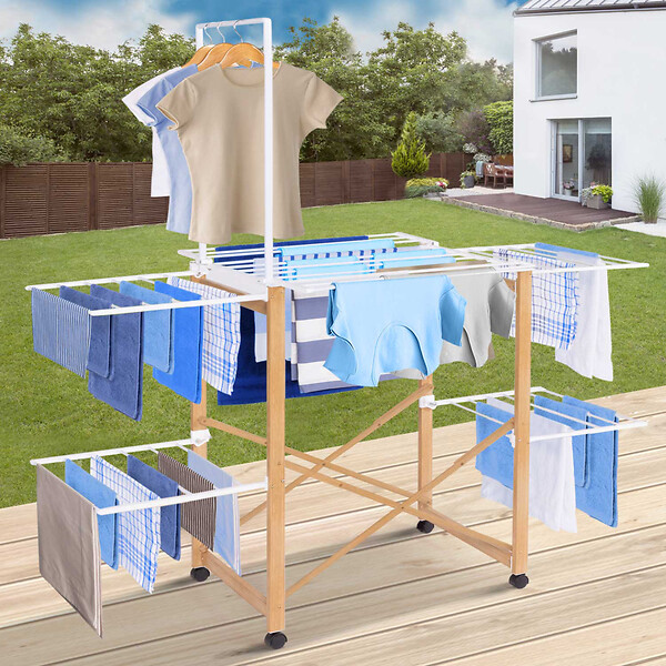 ID MARKET - Séchoir à linge pliable DELUXE capacité 22M avec tringle blanc et effet bois - large