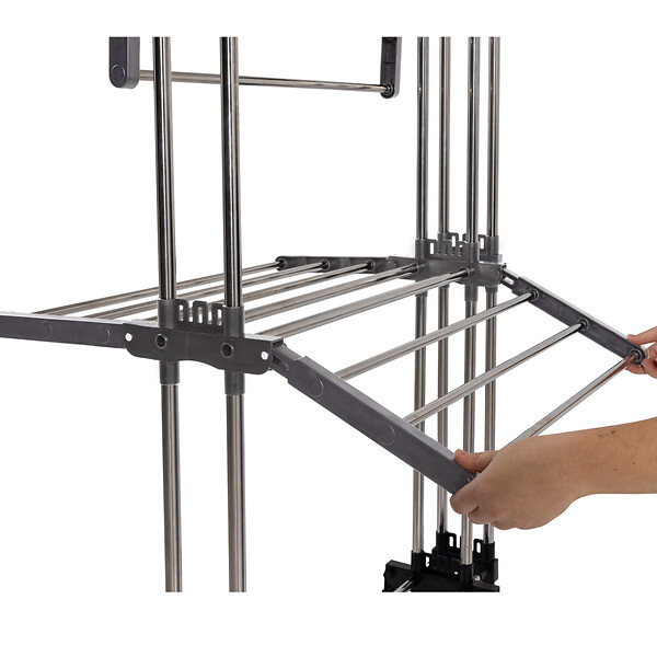 ID MARKET - Séchoir à linge vertical pliable et extensible 3 niveaux GIGA capacité 27M avec cintres et pinces inox et gris - large