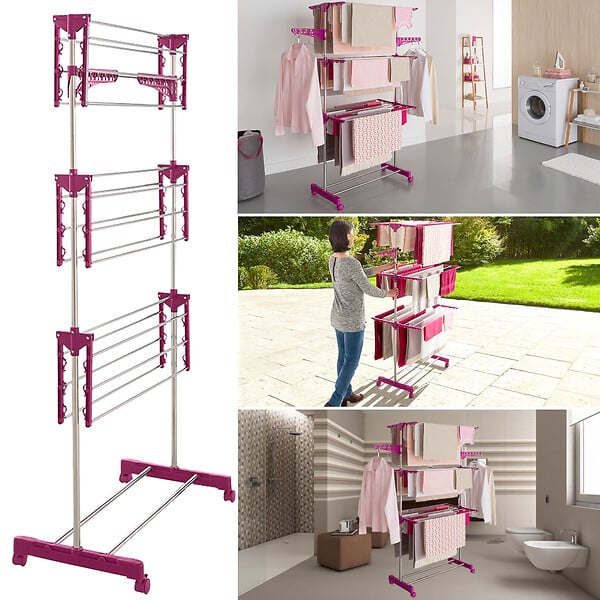 ID MARKET - Séchoir à linge vertical pliable 3 niveaux MAXIMA capacité 20M inox et rose - large