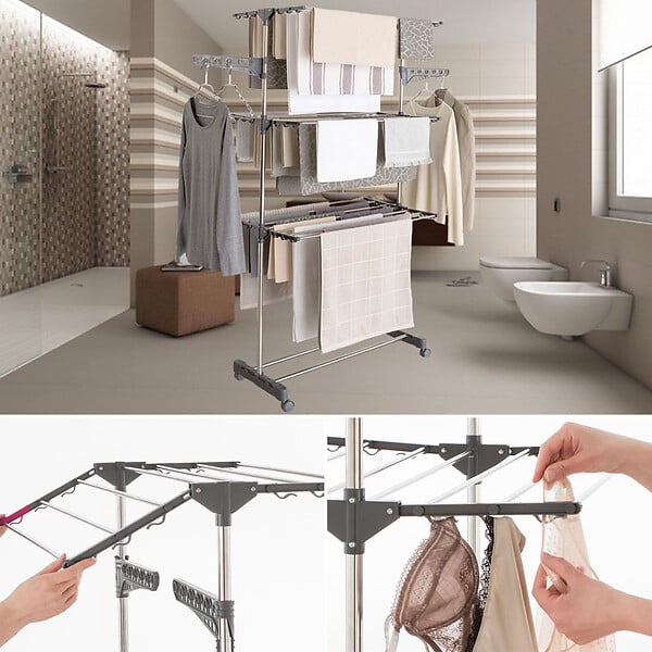ID MARKET - Séchoir à linge vertical pliable 3 niveaux MAXIMA capacité 20M inox et gris - large