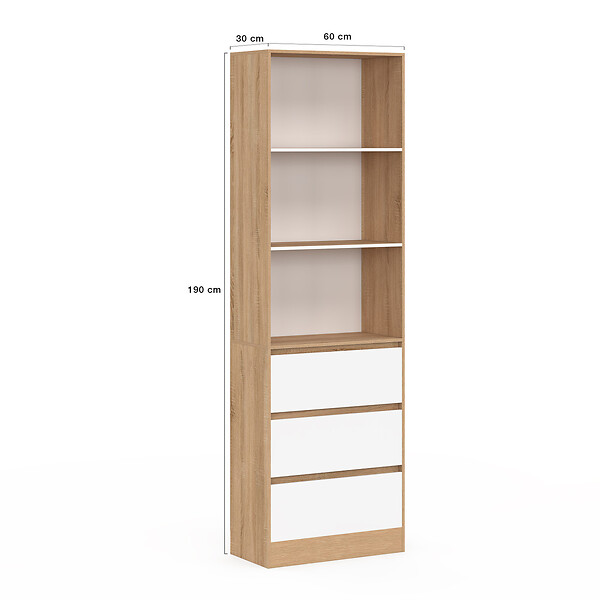 ID MARKET - Etagère bibliothèque CARLA 3 niveaux 3 tiroirs blanc et effet bois 190 cm - large