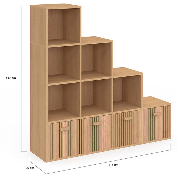 ID MARKET - Meuble de rangement en escalier LORYS 4 niveaux effet lattes JULIETTE avec 4 tiroirs en tissu - large